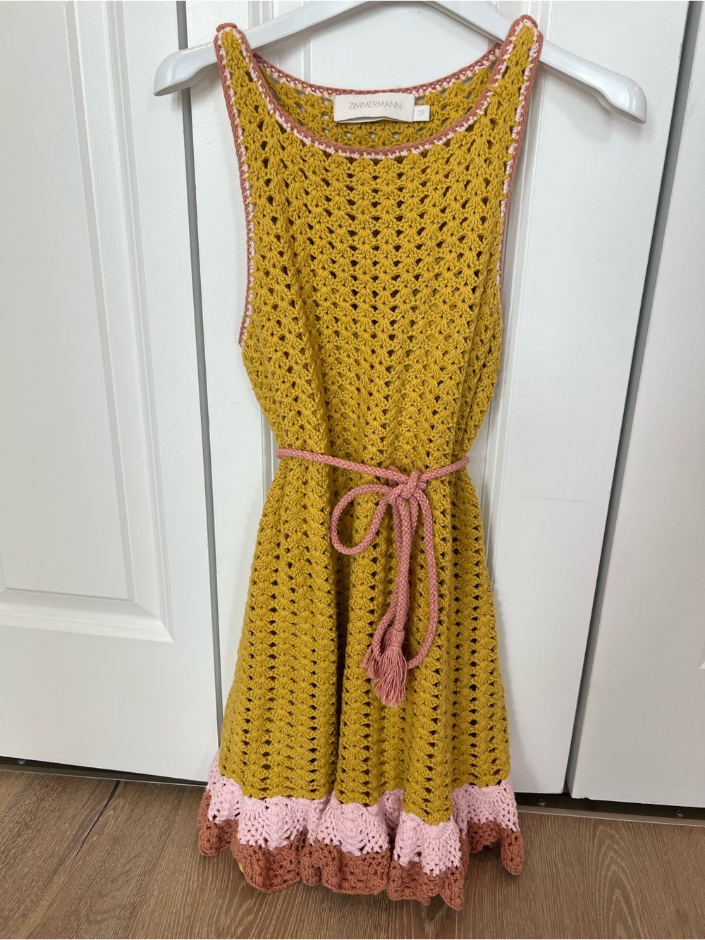 Zimmermann Yellow Crochet Halter Mini Dress with Pink and Tan Trim